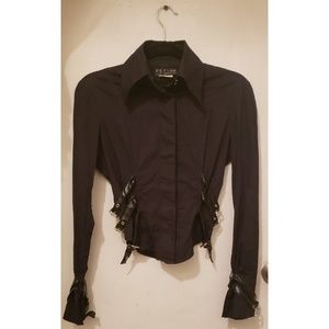 Black Button-down Collared Shirt with Buckles